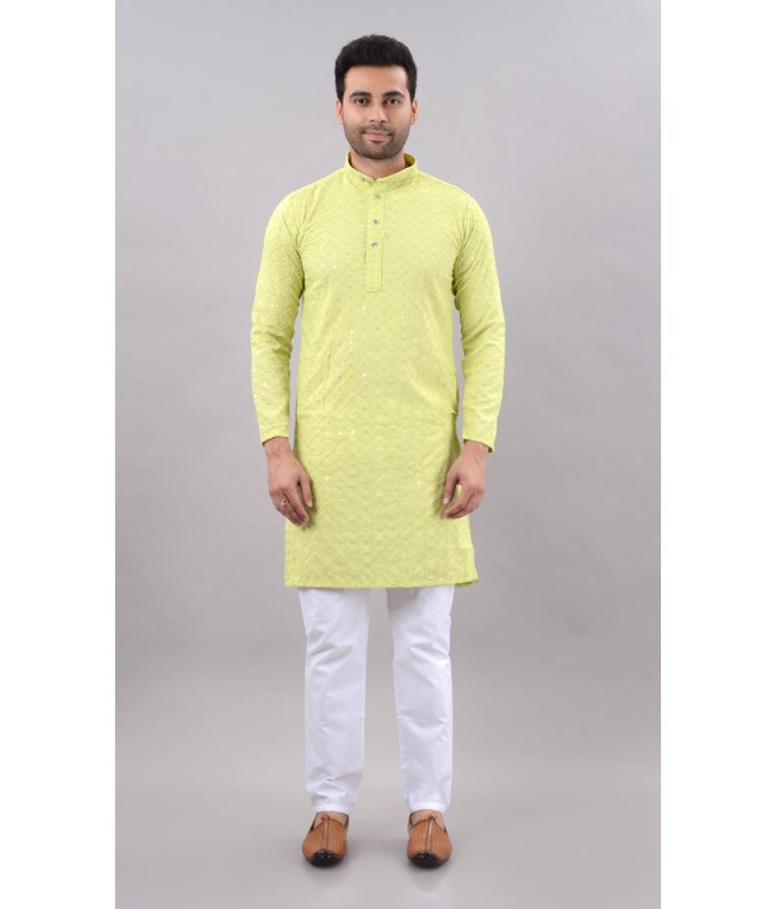     			MOUDLIN Light Green Cotton Blend Regular Fit Men's Kurta Pyjama Set ( Pack of 1 )