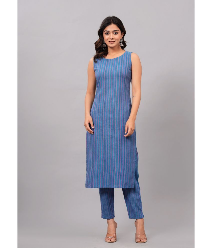     			Maquien Cotton Blend Striped Kurti With Pants Women's Stitched Salwar Suit - Blue ( Pack of 1 )