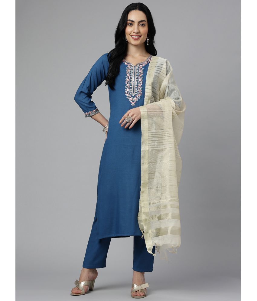     			NERMOSA Viscose Embroidered Kurti With Pants Women's Stitched Salwar Suit - Blue ( Pack of 1 )