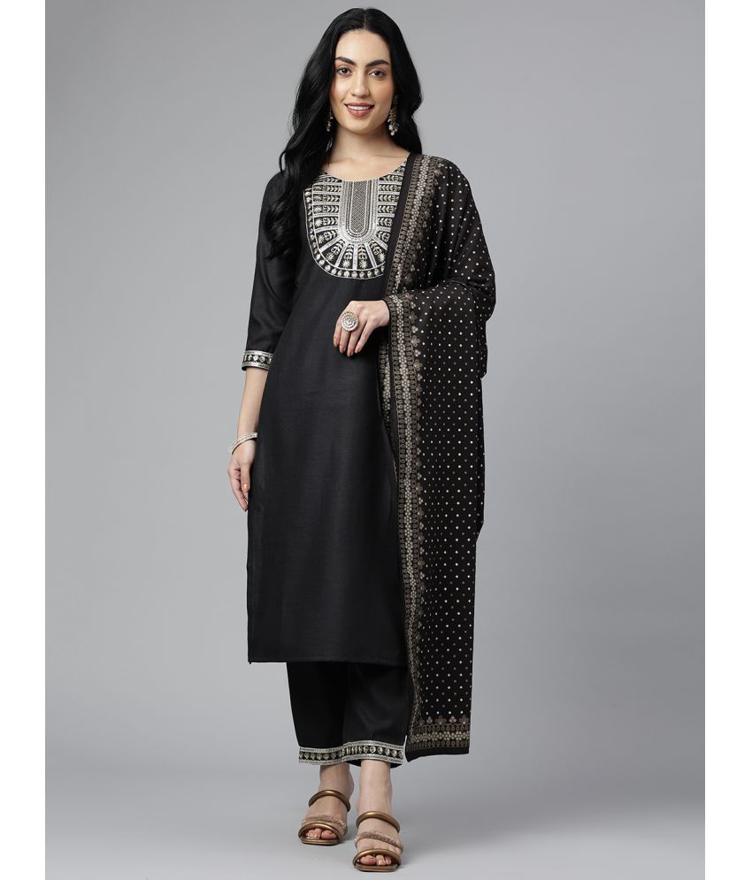     			NERMOSA Viscose Embroidered Kurti With Pants Women's Stitched Salwar Suit - Black ( Pack of 1 )