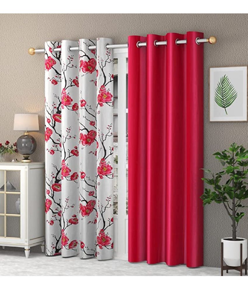     			SWIZIER Floral Room Darkening Eyelet Curtain 5 ft ( Pack of 2 ) - Red