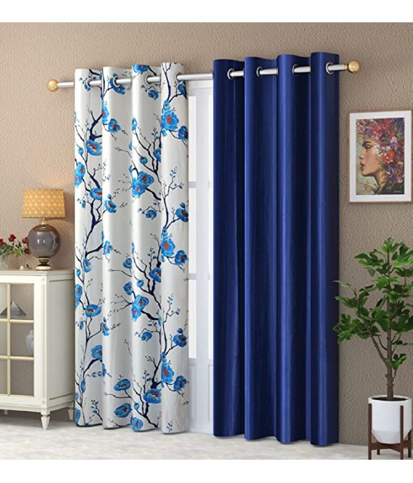     			SWIZIER Floral Room Darkening Eyelet Curtain 7 ft ( Pack of 2 ) - Blue