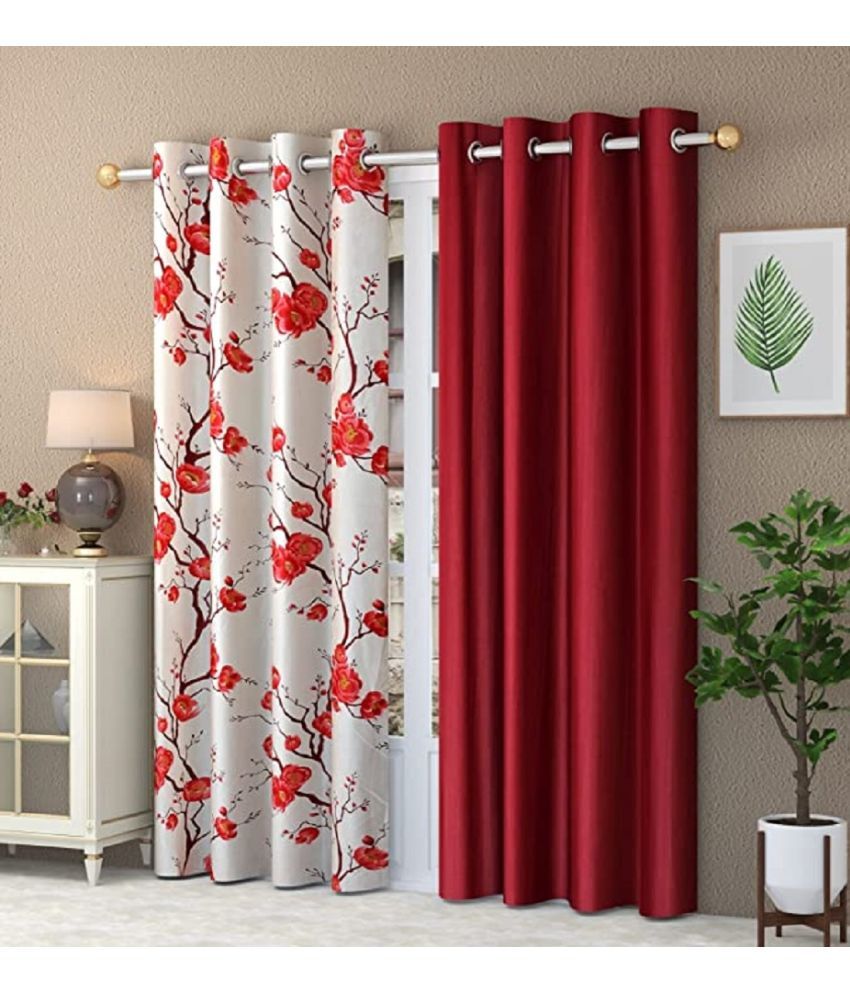     			SWIZIER Floral Room Darkening Eyelet Curtain 7 ft ( Pack of 2 ) - Maroon