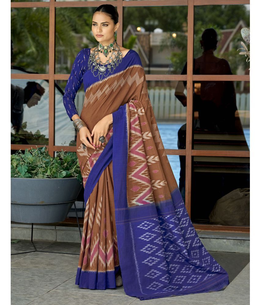     			Samah Cotton Blend Printed Saree With Blouse Piece - Brown ( Pack of 1 )