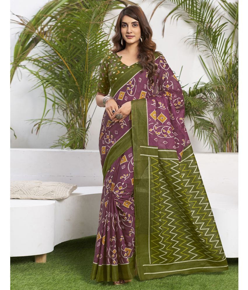     			Samah Cotton Printed Saree With Blouse Piece - Purple ( Pack of 1 )