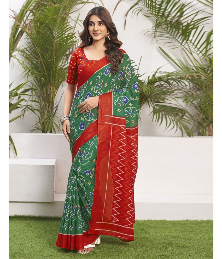     			Samah Cotton Printed Saree With Blouse Piece - Green ( Pack of 1 )