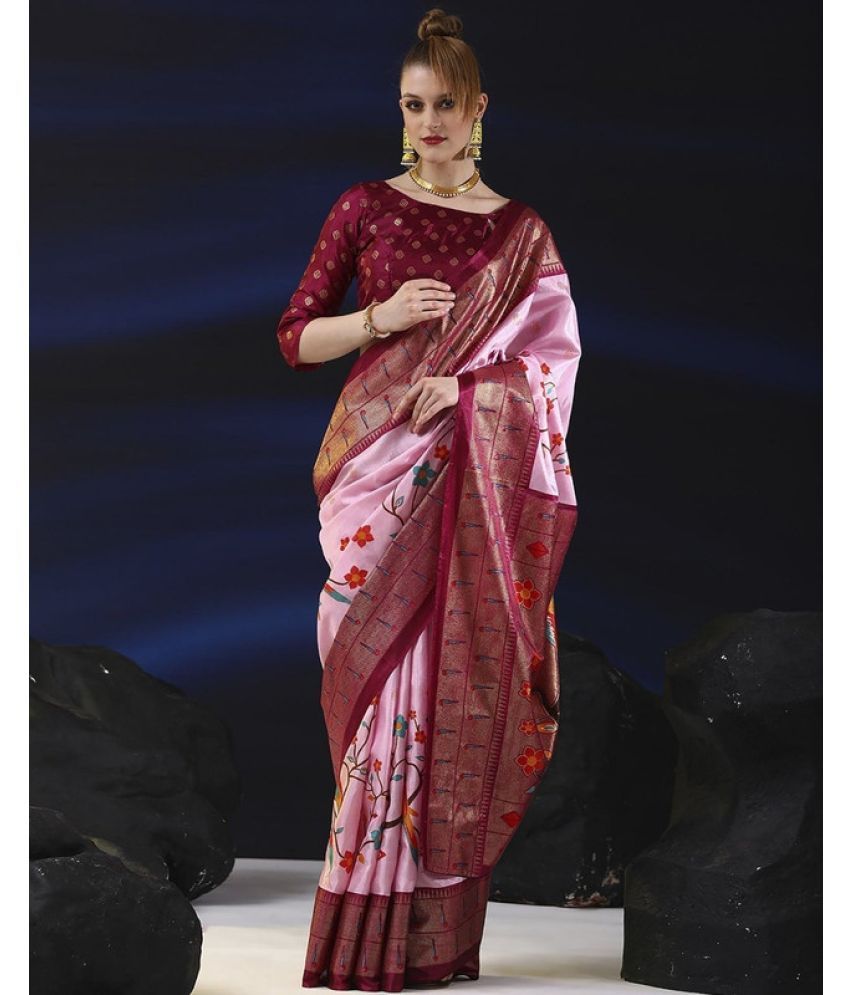     			Sanjana Silks Silk Blend Printed Saree With Blouse Piece - Pink ( Pack of 1 )