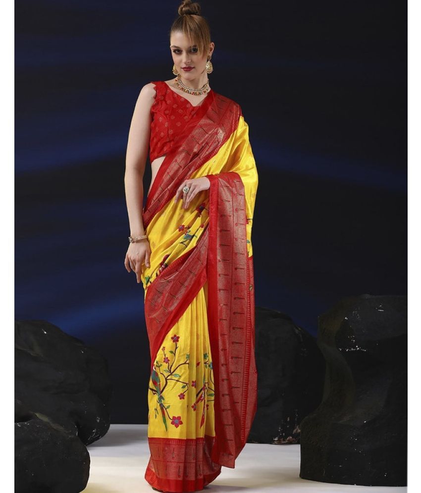     			Sanjana Silks Silk Blend Printed Saree With Blouse Piece - Yellow ( Pack of 1 )