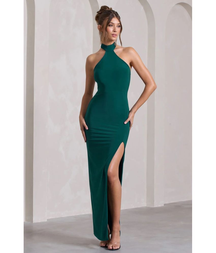     			Traquila Lycra Solid Full Length Women's Side Slit Dress - Green ( Pack of 1 )