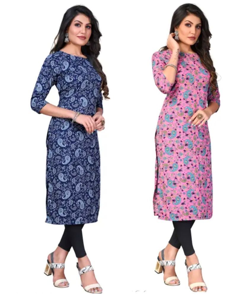     			VACHHARAJ GROUP Crepe Printed Straight Women's Kurti - Blue,Pink ( Pack of 2 )