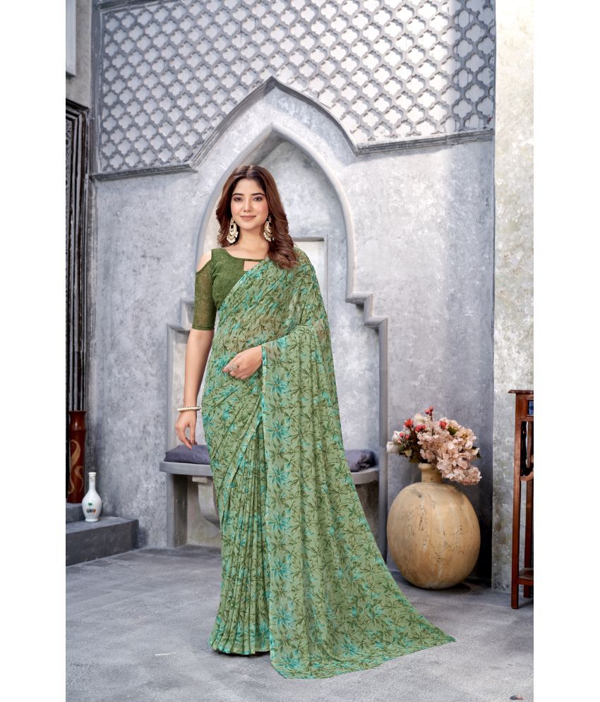     			Varni Fabrics Georgette Printed Saree With Blouse Piece - Green ( Pack of 1 )