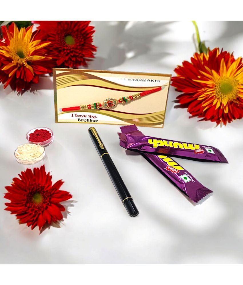     			auteur 801 Stylish Black Roller Ball Pen and Designer Rakhi Gift Set for Brother With Chocolates, Roli, Mishri and Rice.