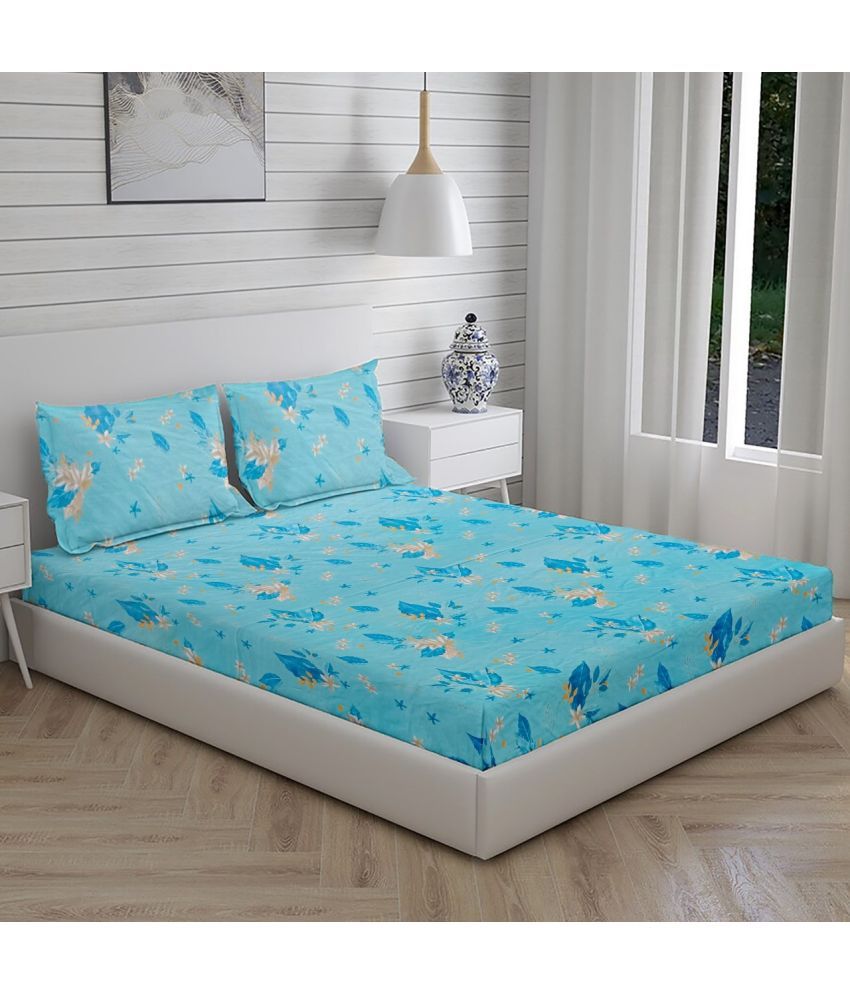     			kids wonders Microfibre Floral Fitted 1 Bedsheet with 2 Pillow Covers ( Double Bed ) - Sky Blue