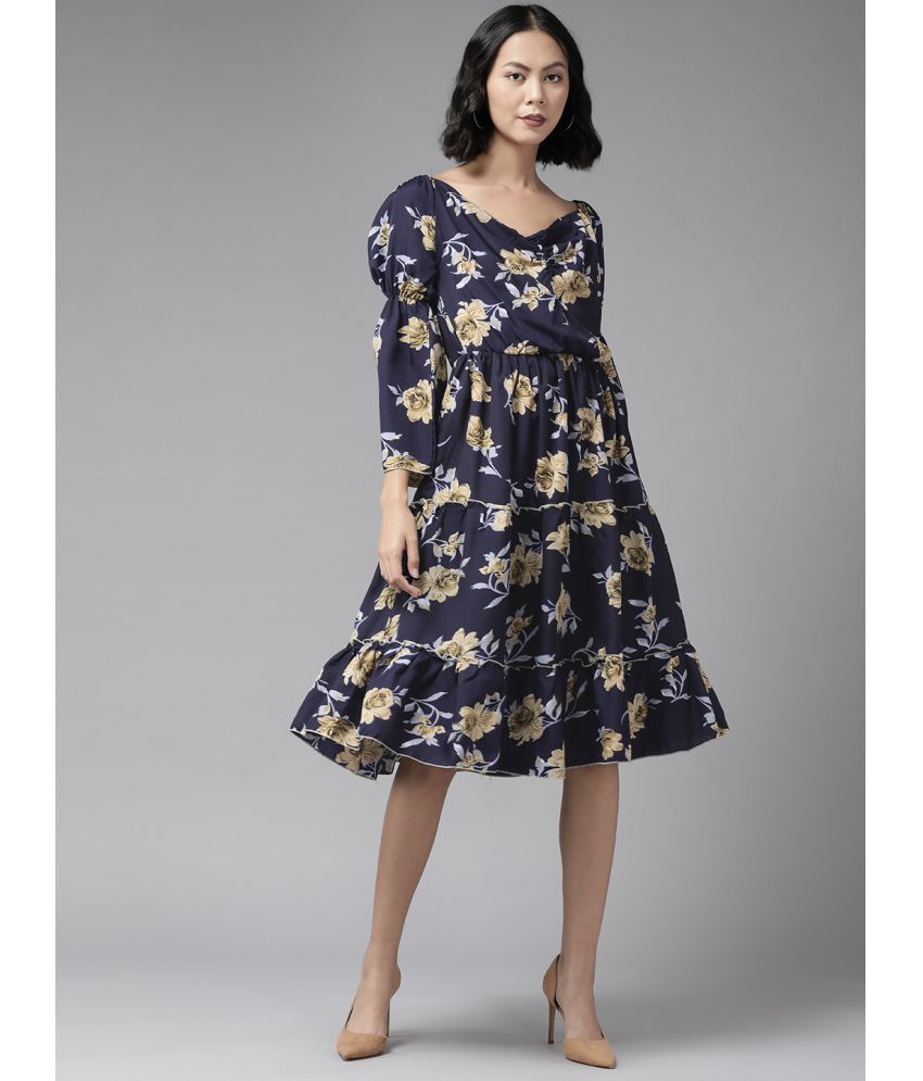     			Aarika Cotton Blend Printed Knee Length Women's Fit & Flare Dress - Navy Blue ( Pack of 1 )