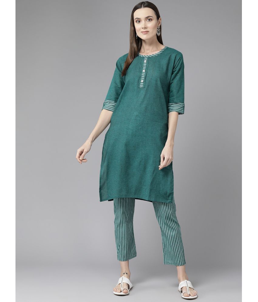     			Aarika Cotton Striped Kurti With Pants Women's Stitched Salwar Suit - Green ( Pack of 1 )