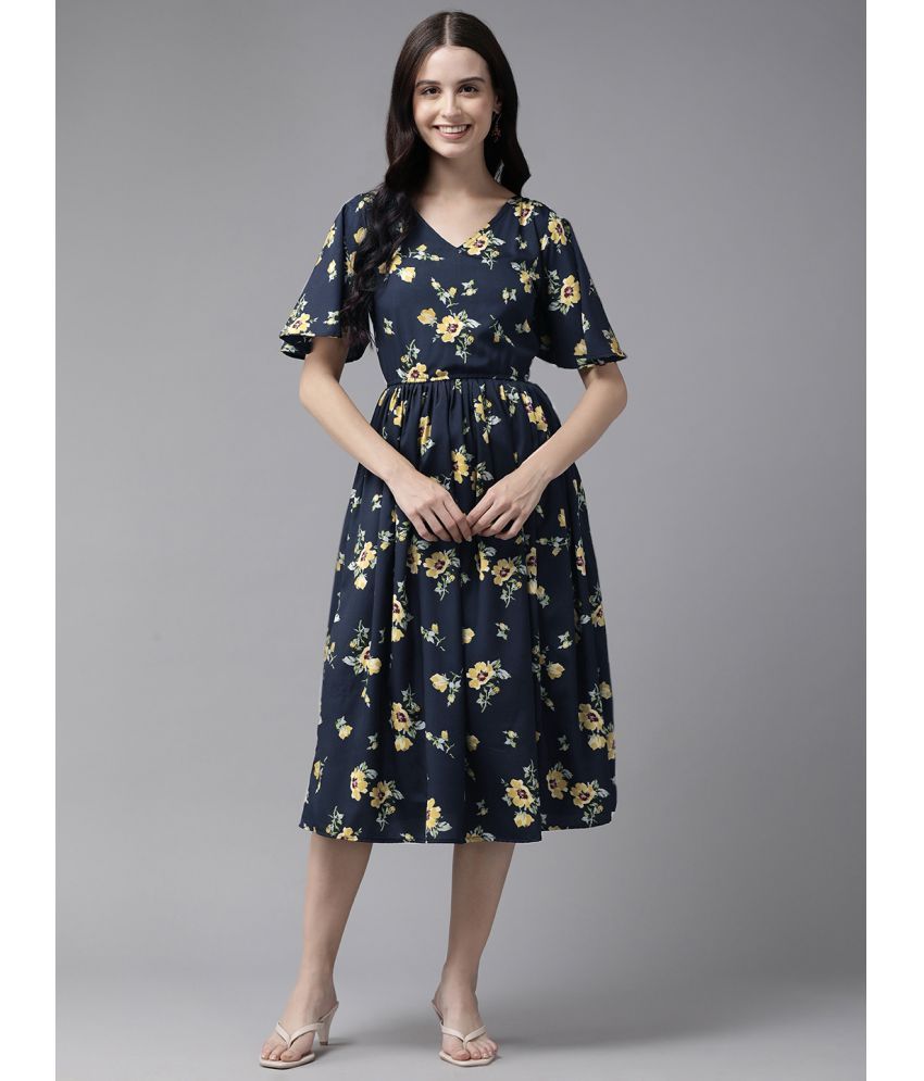     			Aarika Crepe Printed Midi Women's Fit & Flare Dress - Navy Blue ( Pack of 1 )