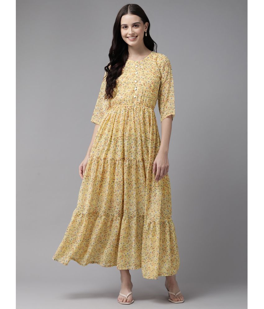     			Aarika Georgette Printed Full Length Women's Fit & Flare Dress - Yellow ( Pack of 1 )