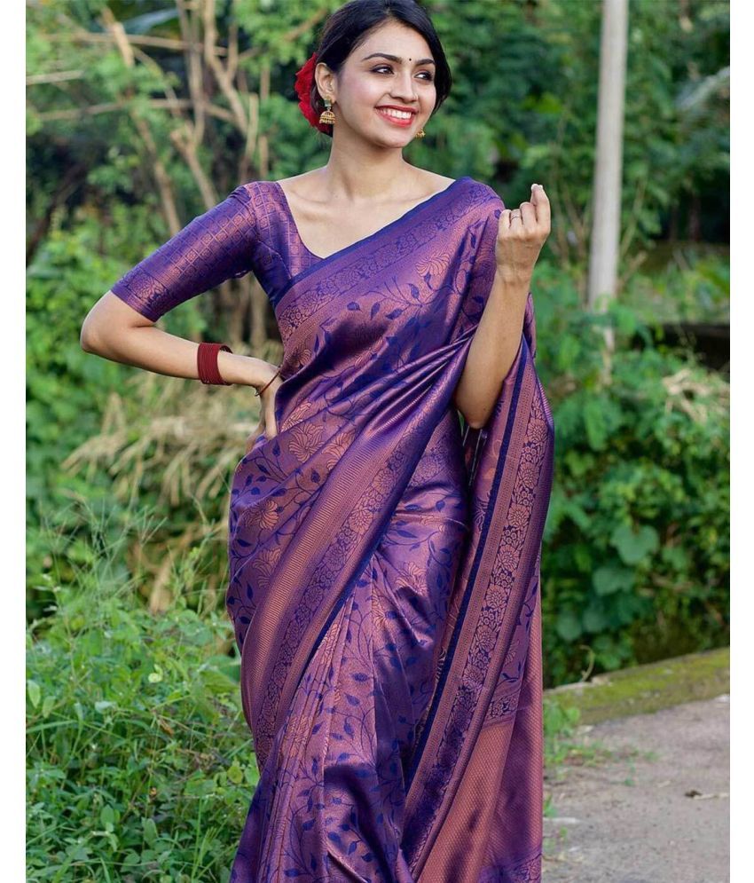     			Apnisha Silk Printed Saree With Blouse Piece - Purple ( Pack of 1 )