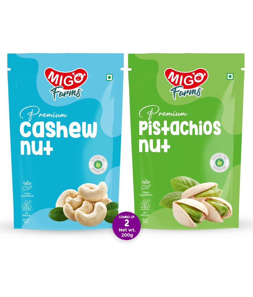     			Migo Farms Pack of 2 Premium Dry Fruits & Nuts Raw Cashews, Roasted Pistachios (2 x 200 g)