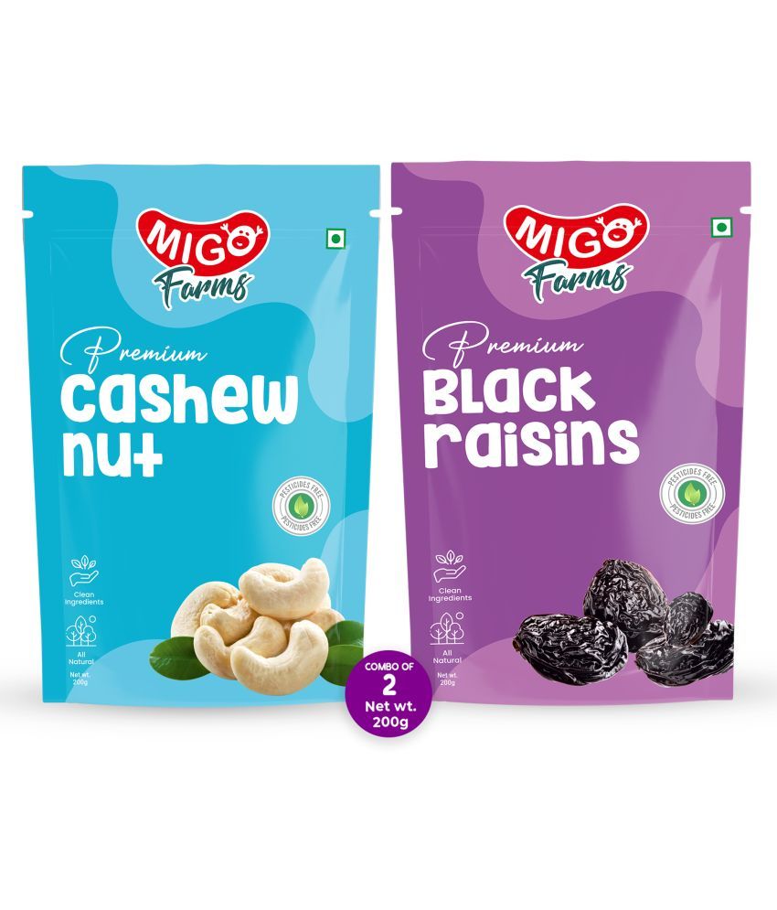     			Migo Farms Healthy Premium Raw Nuts Dry Fruits Pack of 2 Cashews, Raisins (2 x 200 g)