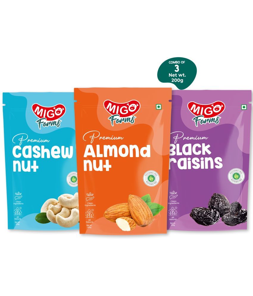     			Migo Farms Premium Healthy Dry Fruits & Nuts Combo of Cashews, Almonds, Pistachios (3 x 200 g)