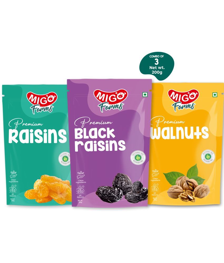     			Migo Farms Pack of 3 Healthy Premium Dry Raisins, Black Raisins, Walnuts (3 x 200 g)