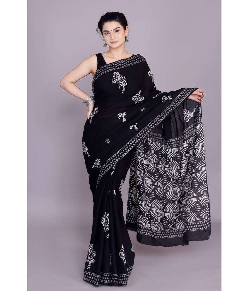     			NOITAERCPR Cotton Printed Saree With Blouse Piece - Black ( Pack of 1 )