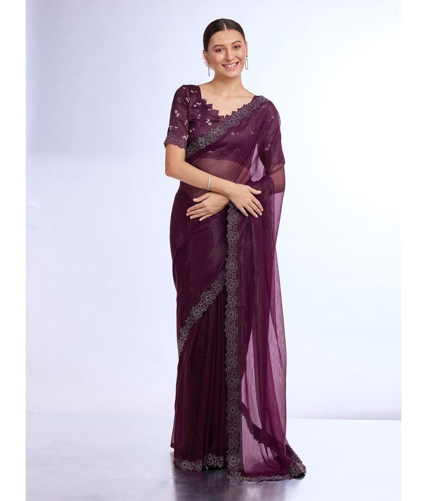     			Rekha Maniyar Georgette Embellished Saree With Blouse Piece - Wine ( Pack of 1 )