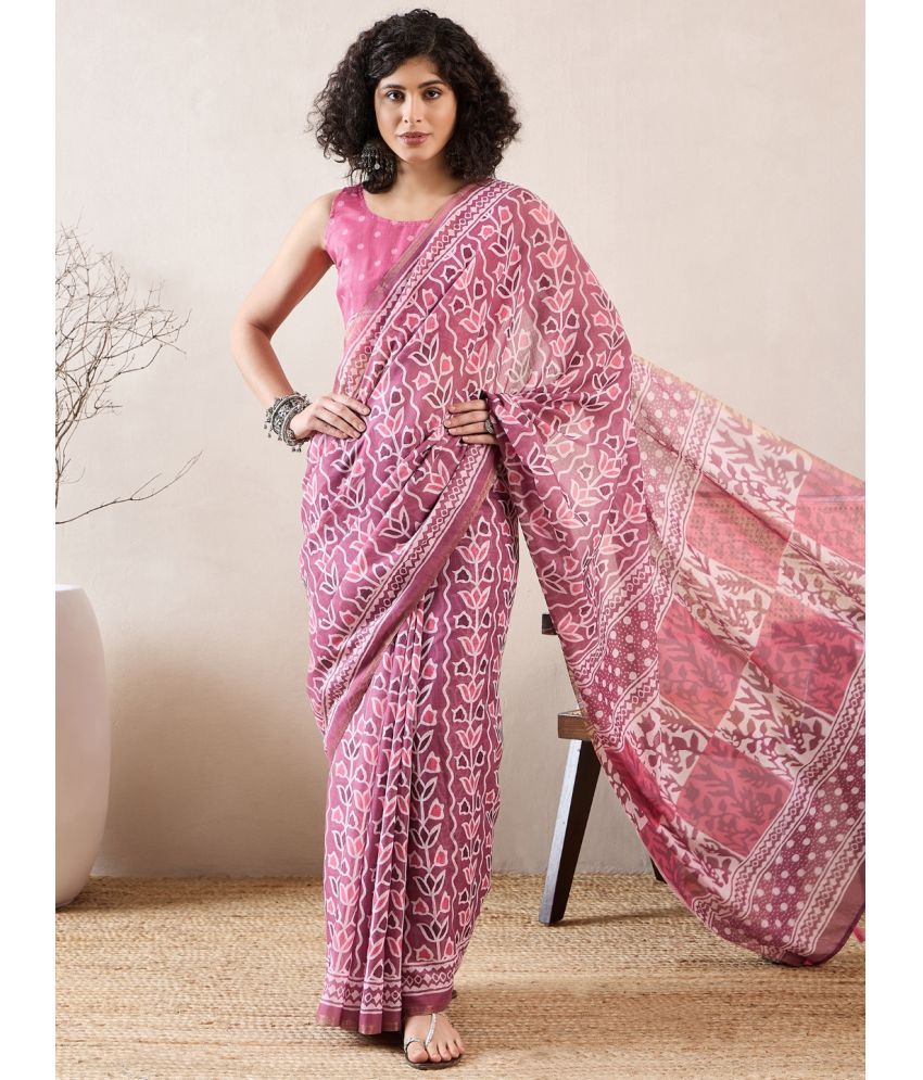     			Vaamsi Linen Printed Saree With Blouse Piece - Pink ( Pack of 1 )