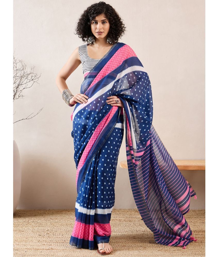     			Vaamsi Linen Printed Saree With Blouse Piece - Blue ( Pack of 1 )