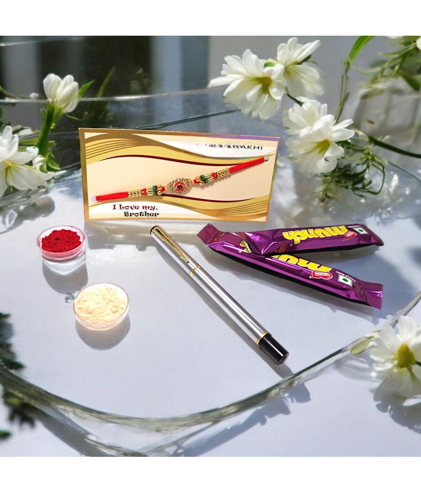     			auteur 801 Stylish Black Roller Ball Pen and Designer Rakhi Gift Set for Brother With Chocolates, Roli, Mishri and Rice.