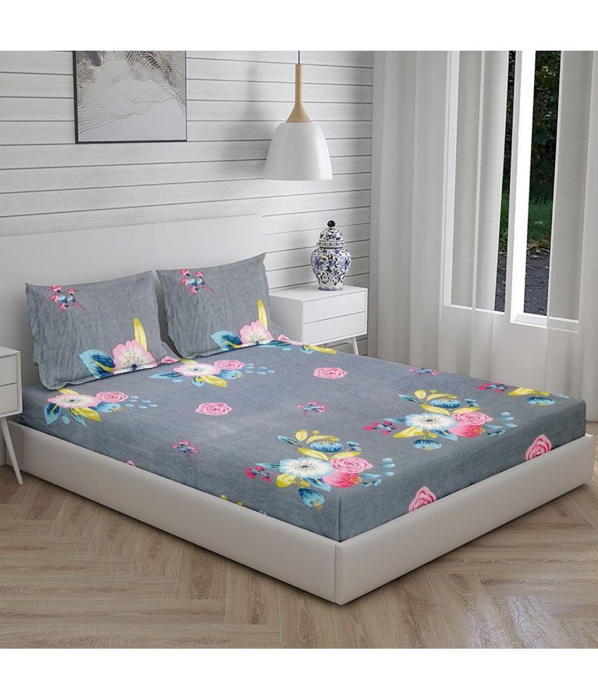     			kids wonders Microfibre Floral Fitted 1 Bedsheet with 2 Pillow Covers ( Double Bed ) - Gray