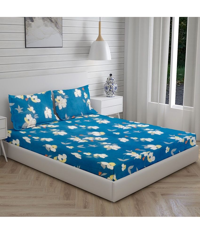     			kids wonders Microfibre Floral Fitted 1 Bedsheet with 2 Pillow Covers ( Double Bed ) - Blue