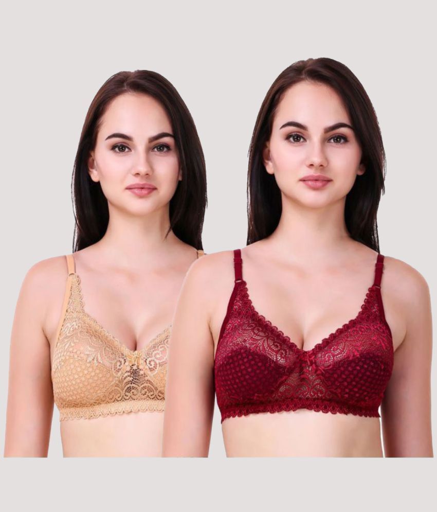     			Kiran Enterprises Beige,Maroon Net Non Padded Women's Bralette Bra ( Pack of 2 )