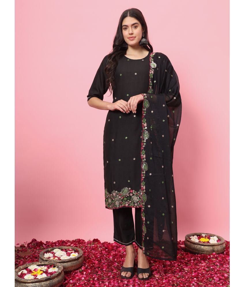     			VredeVogel Viscose Embroidered Kurti With Pants Women's Stitched Salwar Suit - Black ( Pack of 1 )