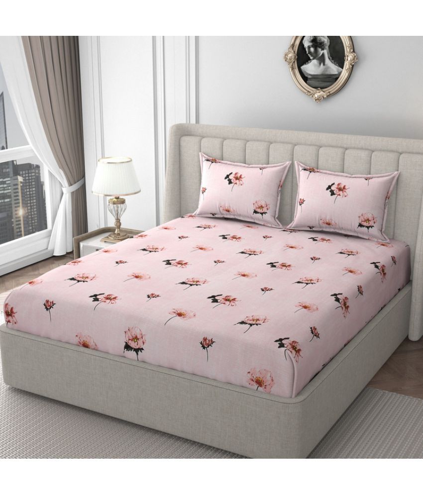     			HIDECOR Microfibre Floral Printed Fitted 1 Bedsheet with 2 Pillow Covers ( King Size ) - Pink