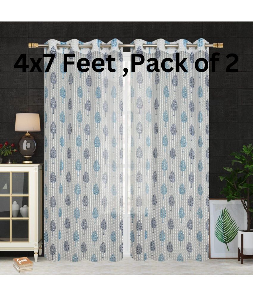     			SWIZIER Floral Semi-Transparent Eyelet Curtain 7 ft ( Pack of 2 ) - Blue