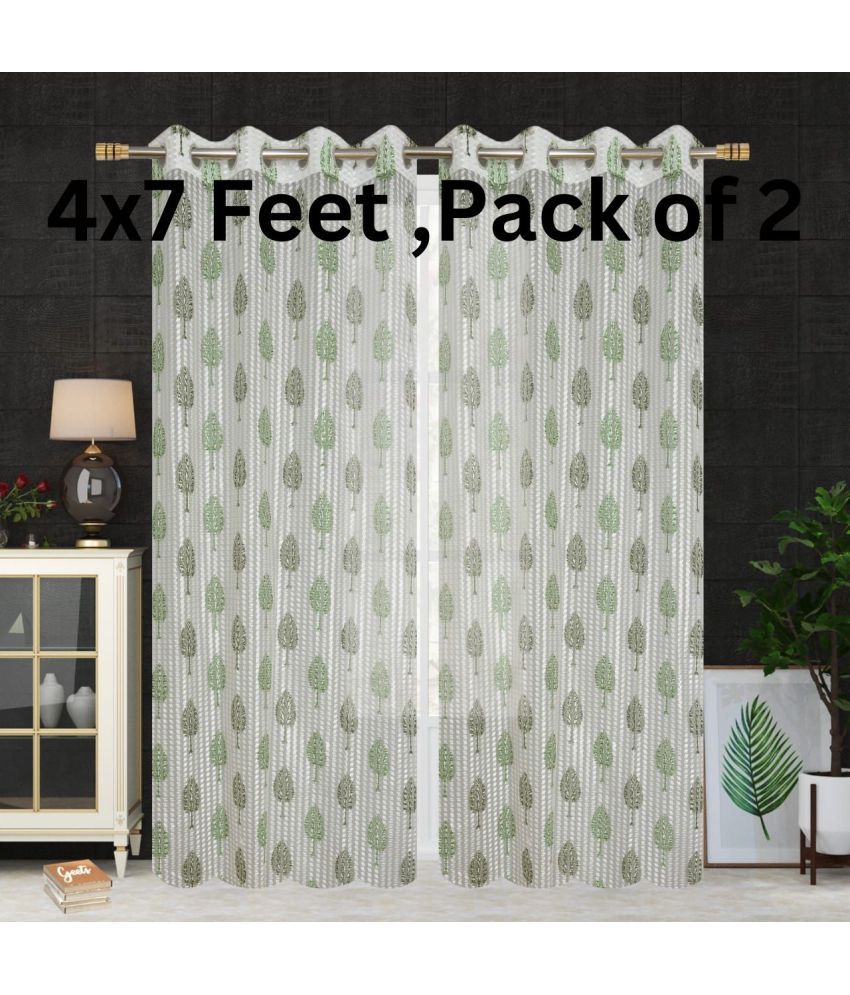     			SWIZIER Floral Semi-Transparent Eyelet Curtain 7 ft ( Pack of 2 ) - Green