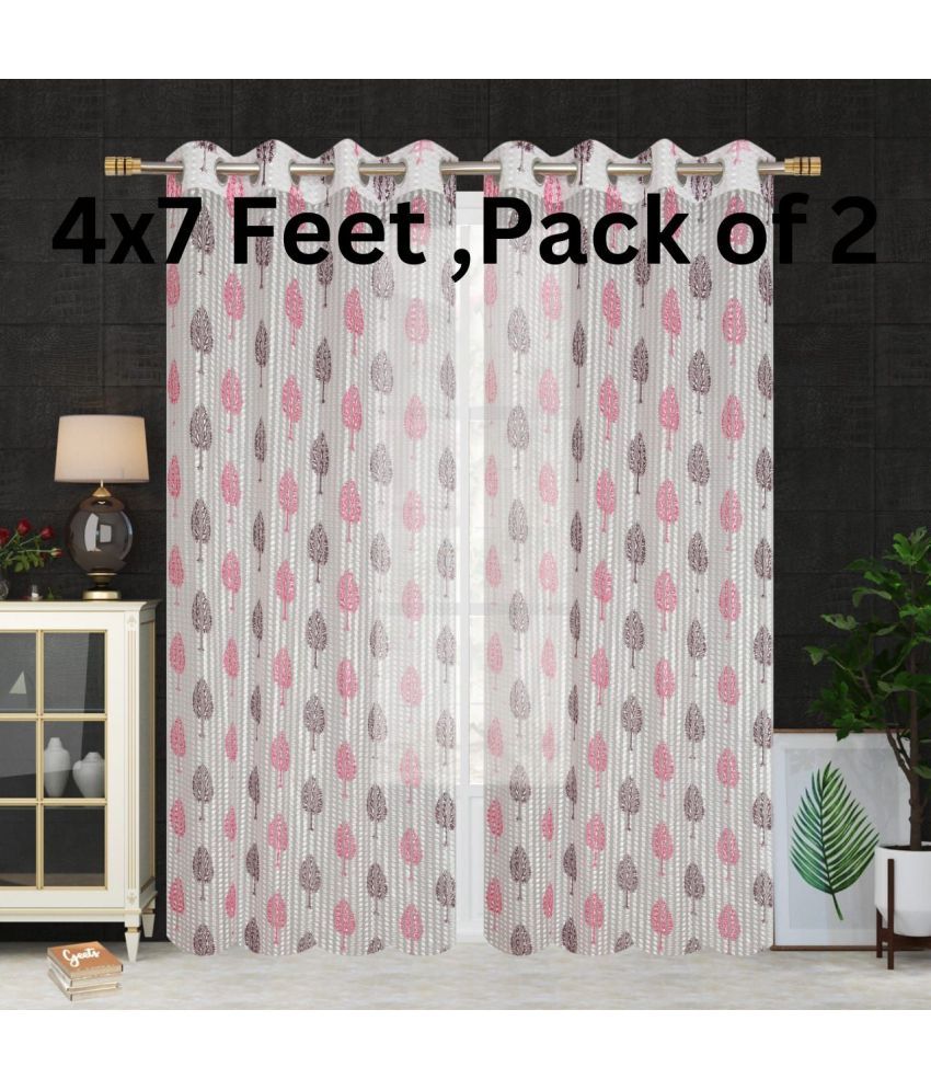     			SWIZIER Floral Semi-Transparent Eyelet Curtain 7 ft ( Pack of 2 ) - Pink