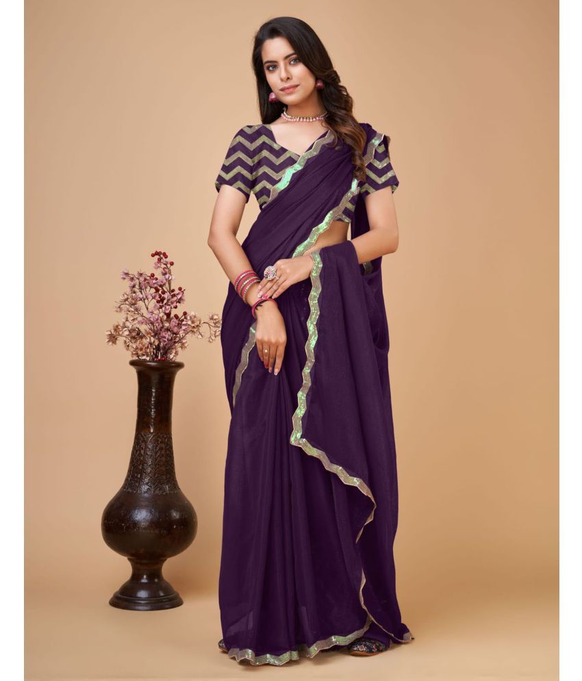     			Samah Chiffon Solid Saree With Blouse Piece - Purple ( Pack of 1 )