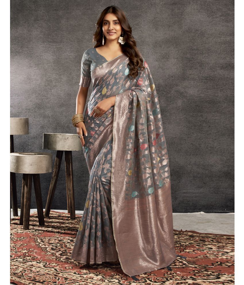     			Samah Silk Blend Self Design Saree With Blouse Piece - Grey ( Pack of 1 )