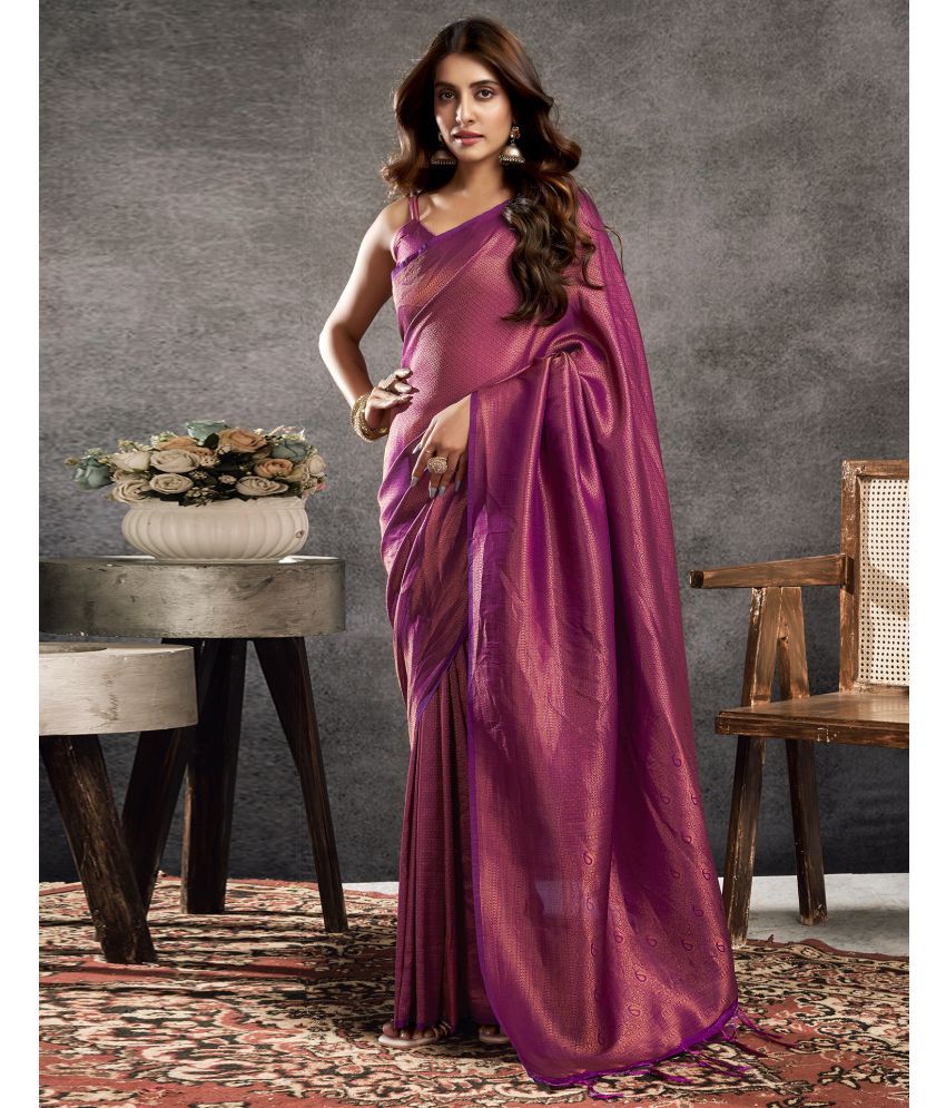     			Satrani Silk Blend Self Design Saree With Blouse Piece - Purple ( Pack of 1 )