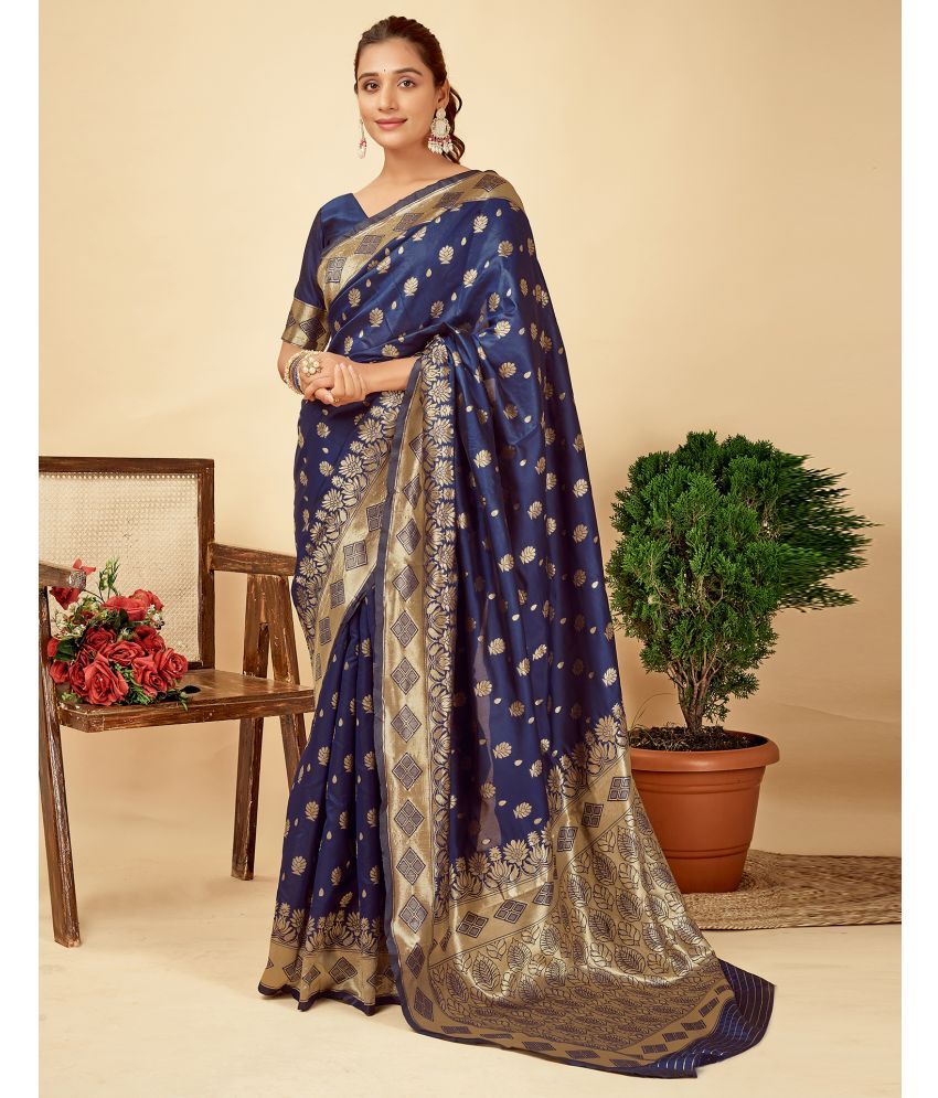     			Satrani Silk Blend Self Design Saree With Blouse Piece - Navy Blue ( Pack of 1 )