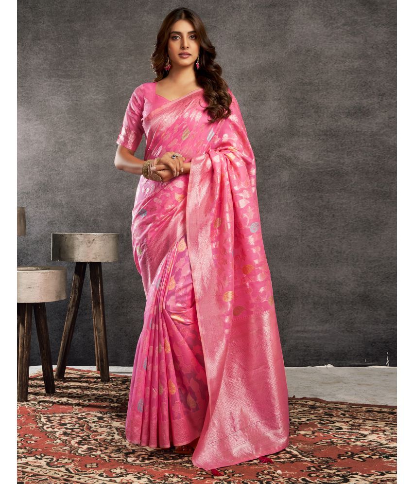     			Satrani Silk Blend Self Design Saree With Blouse Piece - Pink ( Pack of 1 )