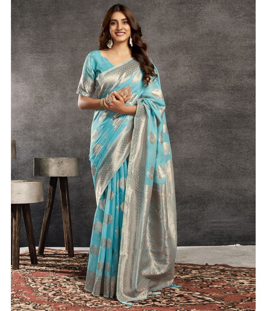     			Satrani Silk Blend Self Design Saree With Blouse Piece - Blue ( Pack of 1 )