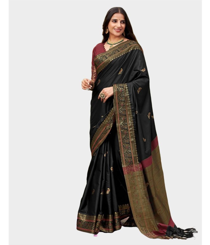     			Satrani Silk Embellished Saree With Blouse Piece - Black ( Pack of 1 )