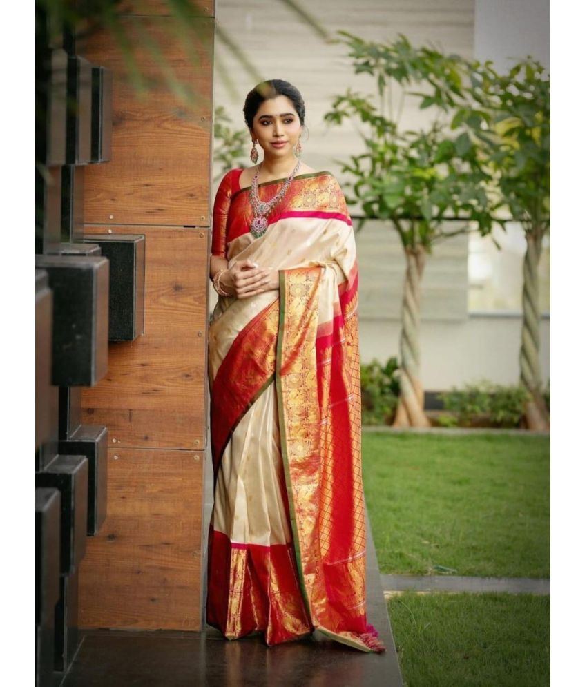     			gufrina Art Silk Woven Saree With Blouse Piece - Cream ( Pack of 1 )