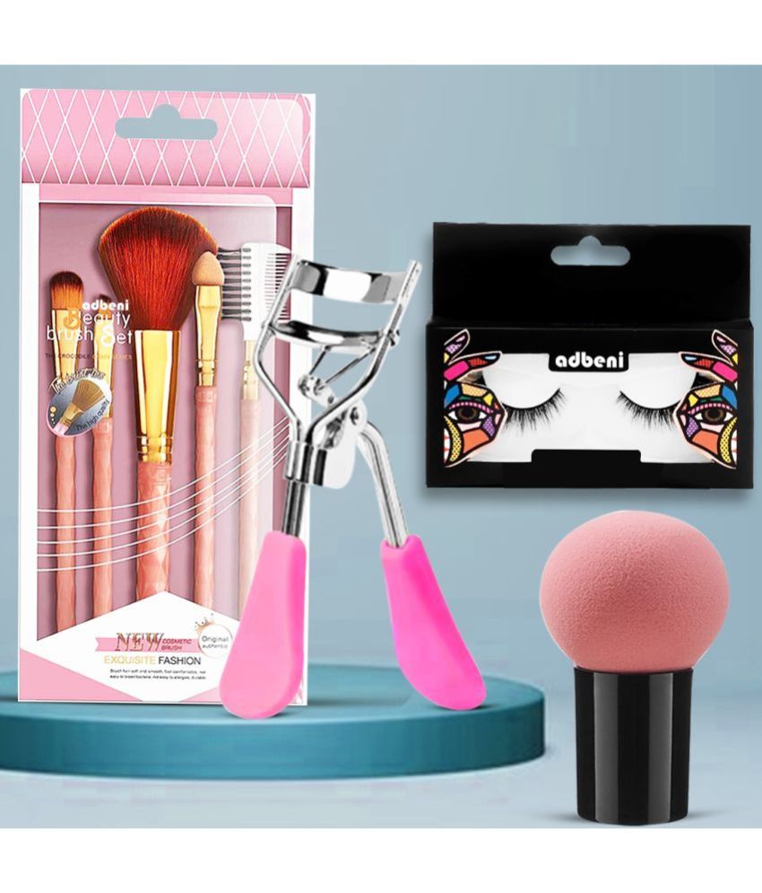     			Adbeni Beauty Perfection Combo | 5 Piece Makeup Brush Set, Beauty Blender, Eyelashes & Lash Curler