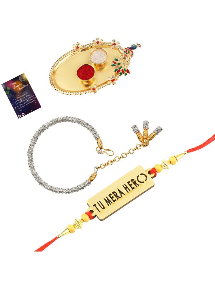     			Bhaiya Rakhi " Tu Mera Hero" Deginer Pendant With Silver Bracelet Kada Bhabhi Rakhi Combo With Roli Chawal And Greeting Card 1 Kankawati Pooja Thali