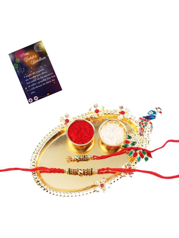     			Designer Classic look Hanging Bhabhi Rakhi With Roli Chawal And 1 Greeting Card 1 Kankawati Pooja Thali